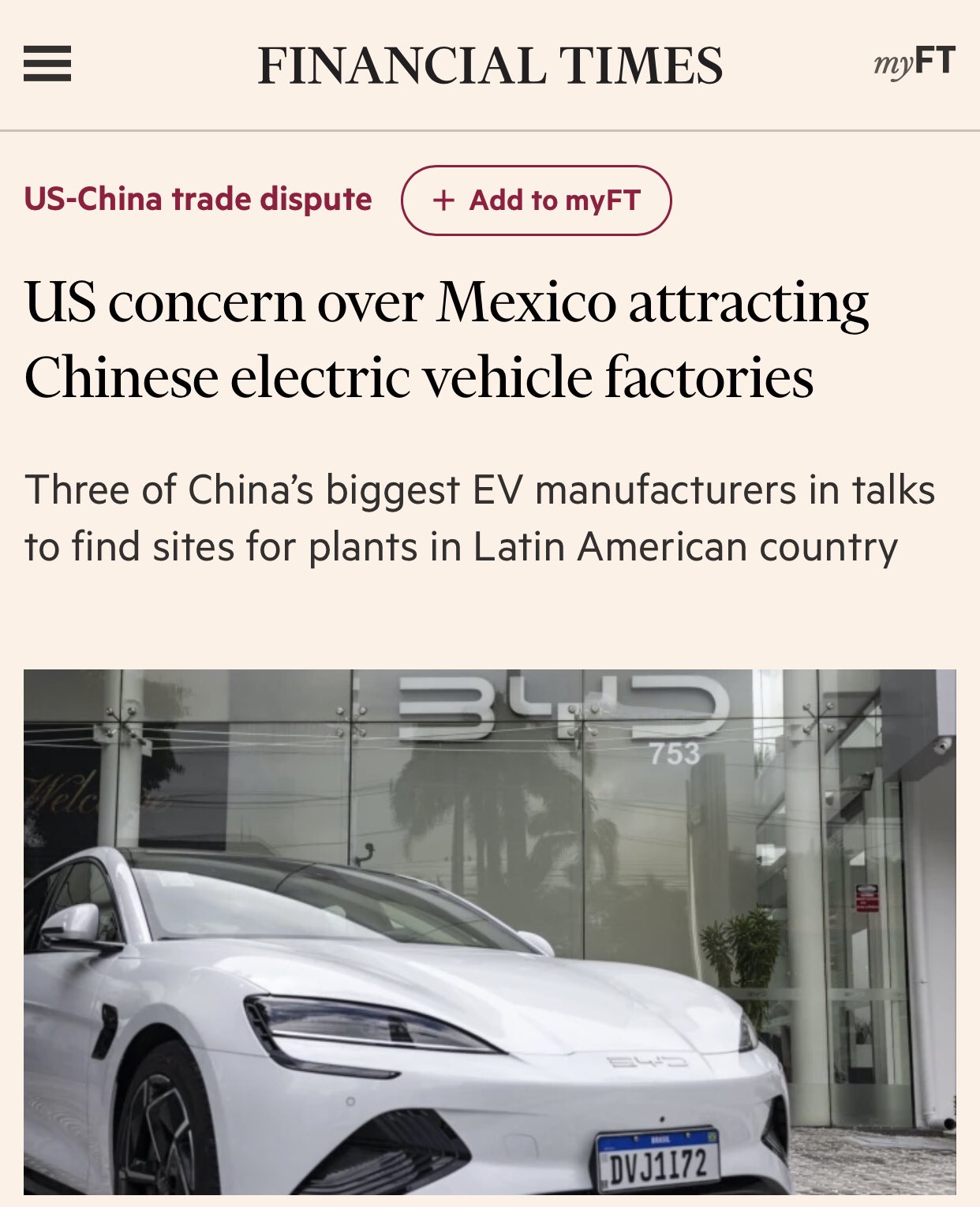 Byron Wan on X: "Washington has raised concerns with Mexico over an imminent wave of 🇨🇳 investment into the country, as three of China's largest electric-vehicle makers — MG, BYD and Chery (