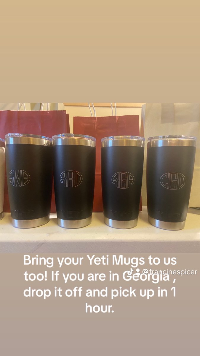 We are located in Georgia! Give us a call to get your Yeti Mugs personalized in 30 min.
