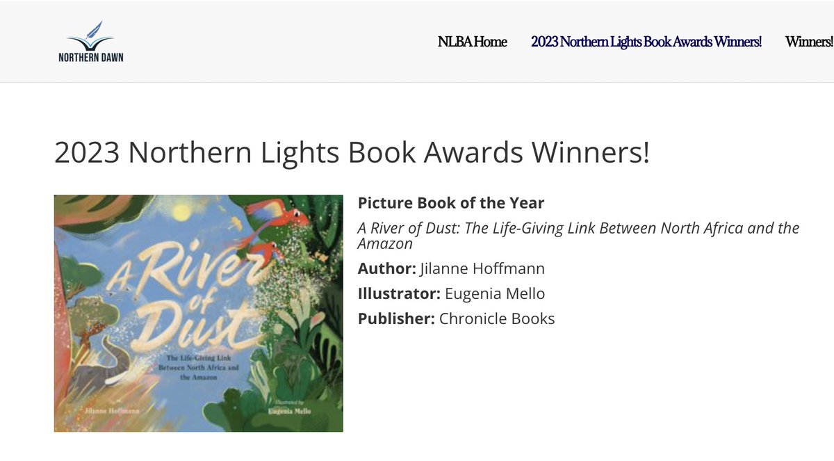 Thrilled to learn that A RIVER OF DUST is the Northern Lights Picture Book of the Year!! Winners in other categories! Congrats to all! @hethfeth @suma_v_s @Kateywrites @nikkigrimes9 @WriterRebeccaGL @Shrevebooks @MonicaAcker1 @KariAnnGonzale1 northerndawnawards.com/2023-northern-…