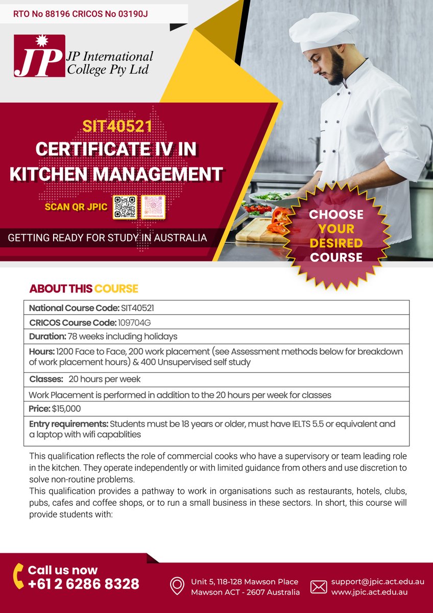 JP International College (@jpinternation15) on Twitter photo SIT40521 Certificate IV in Kitchen Management
For more information:
jpic.act.edu.au
marketing@jpic.act.edu.au
+61 262868328
#JPIC
#StudyInAustralia
#HospitalityEducation
#CanberraCollege
#GlobalHospitality
#ManagementCourses
#CommercialCookery SIT40521 Certificate IV in Kitchen Management
For more information:
jpic.act.edu.au
marketing@jpic.act.edu.au
+61 262868328
#JPIC
#StudyInAustralia
#HospitalityEducation
#CanberraCollege
#GlobalHospitality
#ManagementCourses
#CommercialCookery