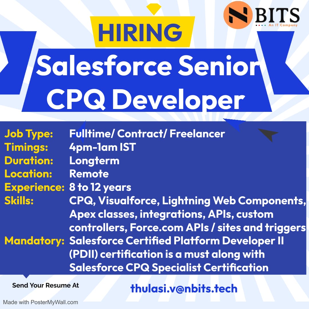datatiks's tweet image. we are hiring Salesforce Senior CPQ Developer
Experience: 8 - 12 Years
Location: Remote
Job Type: Full Time / Contractor /freelancer
If You are interested, please share your updated resume to Thulasi.v@nbits.tech
#cpq #salesforce #lightningwebcomponent #lwc #api #trigger #apex