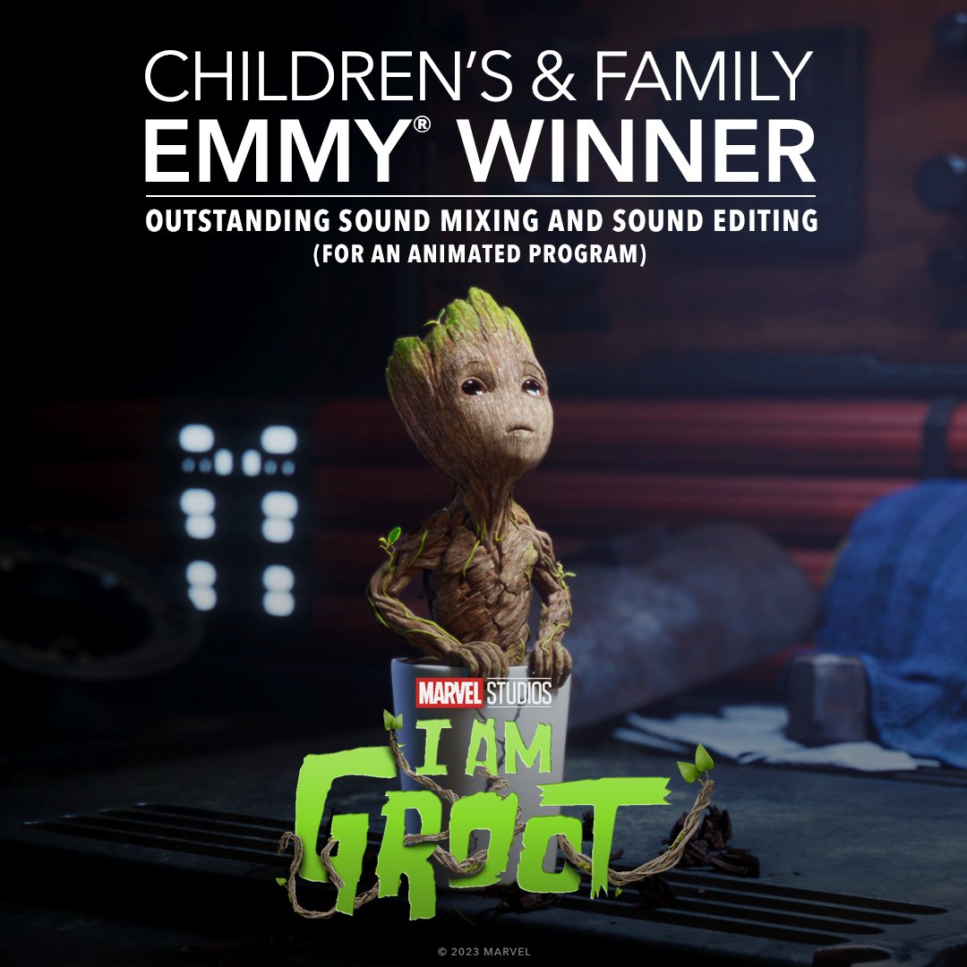 Congratulations to the cast and crew of Marvel Studios’ #IAmGroot on their two Children’s and Family Emmy® Award wins including Outstanding Short Form Program and Outstanding Sound Mixing and Sound Editing for an Animated Program! #Emmys