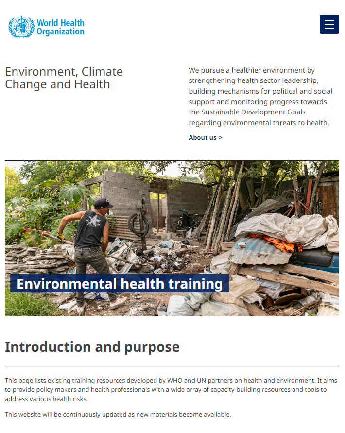 The @WHO's Environmental health training is your one-stop page for existing training, covering topics from #airpollution, #climatechange, chemical safety, radiation or WASH. Whether you are a policy maker or health practitioners or just interested by this risk factors!