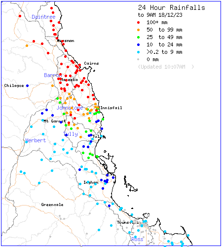 🌧️ A trough associated with ex-Tropical Cyclone Jasper produced more than 500 mm of rainfall at sites in the North Tropical Coast over the past 24 hours to 9am, in the Daintree, Mossman and Barron catchments. Subject to verification, some sites have recorded up to around 800 mm.