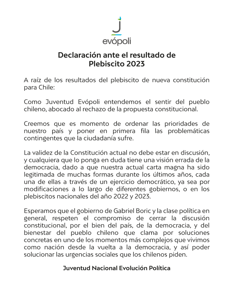 📌 Declaración Juventud Evópoli ante el resultado del Plebiscito de 2023