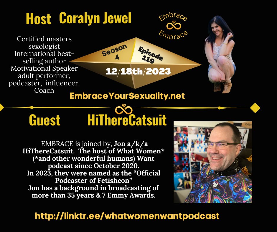 Host of @whatwomenwantp1 podcast and aka 'HiThereCatSuit' tomorrow's guest, 7X Emmy award winner, speaker at @TEDx with an inspiring message Embraceyoursexuality.net