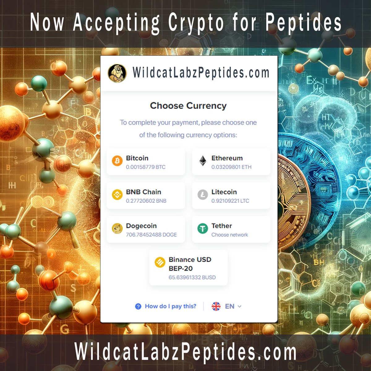 NOW ACCEPTING CRYPTO FOR PEPTIDES 🧬 WildcatLabzPeptides.com #BTC #LTC #DOGE #ETH #USDT #BNB For those opting to pay with cryptocurrency on our site, we utilize a dedicated crypto payment gateway. This specialized service facilitates the transaction, ensuring a smooth and secure…