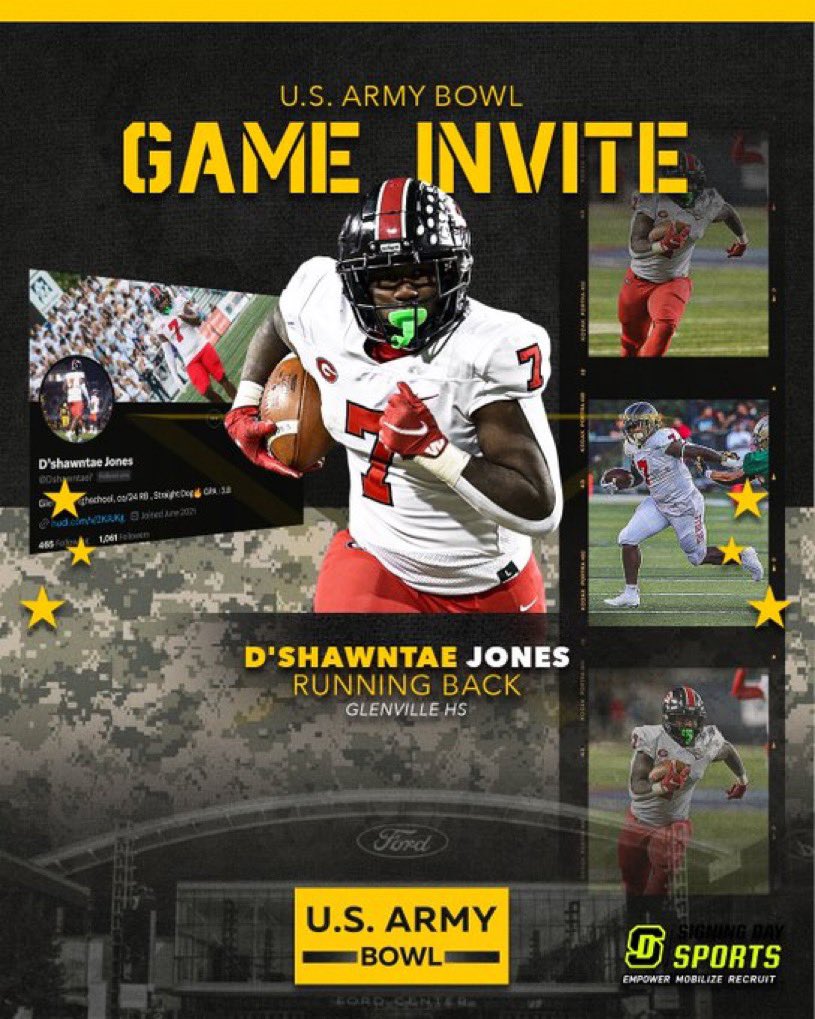 D’shawntae Jones (@dshawntae7) on Twitter photo Beyond Blessed To Announce I'I Be
Participating In The 2023 U.S. Army Bowl In
Texas tomorrow night
<a href="/Coach__Zimm/">Zach Zimmerman</a> <a href="/USArmyBowl/">Military Appreciation Bowl Week</a> <a href="/SDSports/">Signing Day Sports</a>
<a href="/NzoneFootball/">Noel Mazzone</a> Beyond Blessed To Announce I'I Be
Participating In The 2023 U.S. Army Bowl In
Texas tomorrow night
<a href="/Coach__Zimm/">Zach Zimmerman</a> <a href="/USArmyBowl/">Military Appreciation Bowl Week</a> <a href="/SDSports/">Signing Day Sports</a>
<a href="/NzoneFootball/">Noel Mazzone</a>