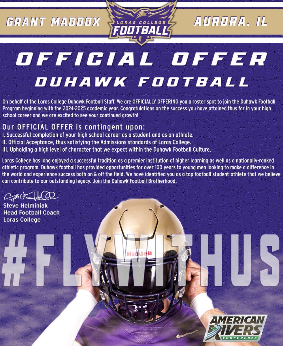 Grant Maddox (@gmoneymailbox) on Twitter photo So grateful for the blessing of receiving my first offer to play college football from <a href="/LorasCollegeFB/">Loras Football</a>! Thank you <a href="/CoachHLorasFB/">Steve Helminiak</a> and <a href="/CoachJPWR/">Coach Powers</a> for providing me with this opportunity! <a href="/FootballAurora/">Aurora Christian Football</a> So grateful for the blessing of receiving my first offer to play college football from <a href="/LorasCollegeFB/">Loras Football</a>! Thank you <a href="/CoachHLorasFB/">Steve Helminiak</a> and <a href="/CoachJPWR/">Coach Powers</a> for providing me with this opportunity! <a href="/FootballAurora/">Aurora Christian Football</a>