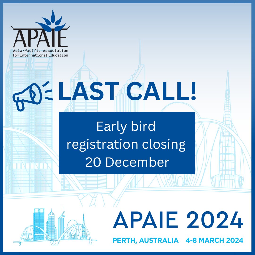 Register for APAIE 2024 by Wednesday 20 December to make the most of the fantastic discounted early bird rate. We look forward to welcoming you to sunny Perth ☀️ 🗓️ 4-8 March, 2024 Register now ➡️apaieconference.net/registration/r… #APAIE2024 #APAIE