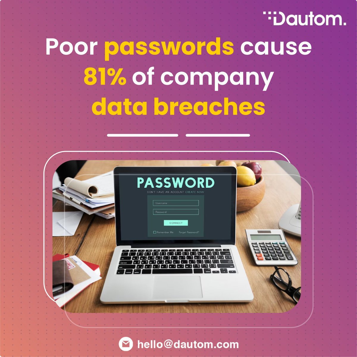DautomTech's tweet image. Keeping up with good password hygiene is critical to securing your company&apos;s data! Did you know that 81% of data breaches are caused by poor passwords? Make sure you&apos;re taking the right steps to protect your business!

#Dautom #DataSecurity #strongpassword #securedata #didyouknow