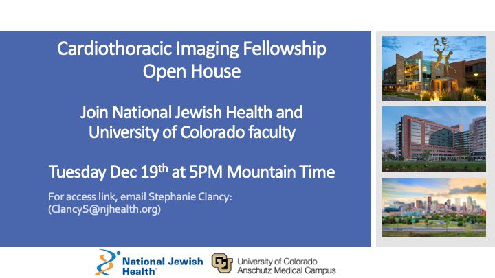 CO Chest Radiology Fellowship (@cochestrads) on Twitter photo Join our Cardiothoracic Imaging fellowship Open House!
Learn about our program and meet <a href="/NJHealth/">National Jewish Health</a> and <a href="/CURadiology/">CU Radiology</a> faculty and fellows
Tuesday December 19th at 5pm MT
For access link please email Stephanie Clancy (ClancyS@njhealth.org) Join our Cardiothoracic Imaging fellowship Open House!
Learn about our program and meet <a href="/NJHealth/">National Jewish Health</a> and <a href="/CURadiology/">CU Radiology</a> faculty and fellows
Tuesday December 19th at 5pm MT
For access link please email Stephanie Clancy (ClancyS@njhealth.org)