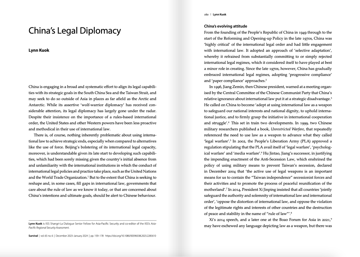 China is deploying international law for strategic ends. Countries that fail to boost legal capabilities & integrate legal diplomacy into national security strategy may surrender legitimacy & find themselves at strategic disadvantage. My Survival article: rb.gy/5iznkv