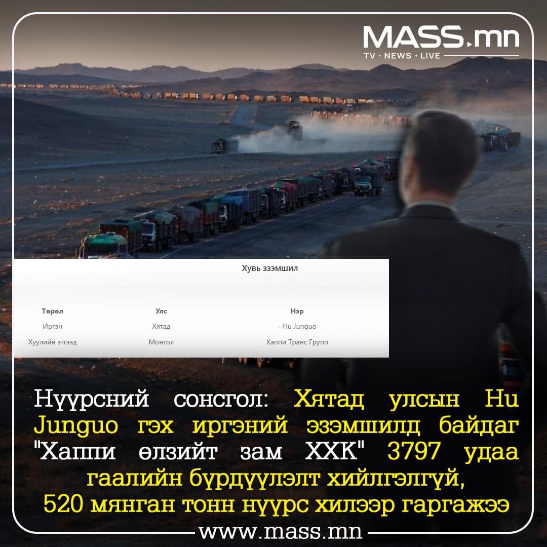 Нүүрсний сонсгол: Хятад улсын Hu Junguo гэх иргэний эзэмшилд байдаг "Хаппи өлзийт зам ХХК" 3797 удаа гаалийн бүрдүүлэлт хийлгэлгүй, 520 сая тонн нүүрс хилээр гаргажээ... 

Хилийн цэрэг, гааль, Хилийн Мхг гээд бүгд л үгсэн хуйвалдаж дээ