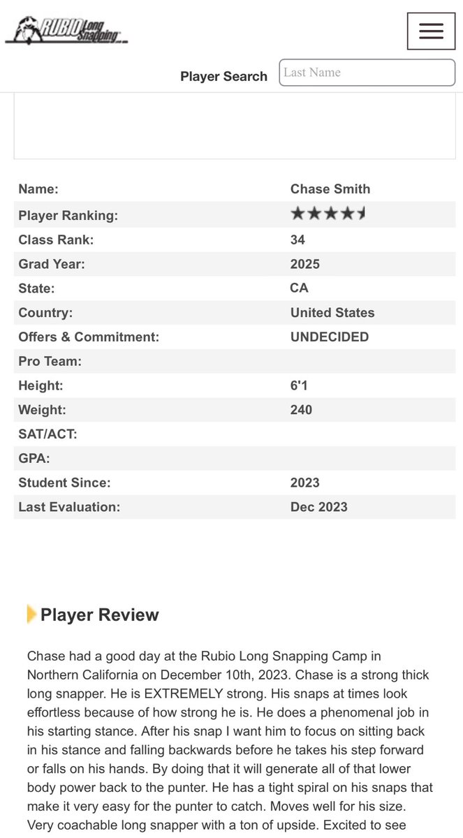 4.5 ⭐️ LS Chase Smith (@chasesmith07) on Twitter photo After my first <a href="/TheChrisRubio/">Rubio Long Snapping®</a> Long Snapping camp, I am very excited to be ranked as a 4.5 ⭐️ Long Snapper! Thank you so much <a href="/CruzARubio/">Cruz Rubio</a> and <a href="/AjCampos52/">Aj Campos</a> for leading a great camp! After my first <a href="/TheChrisRubio/">Rubio Long Snapping®</a> Long Snapping camp, I am very excited to be ranked as a 4.5 ⭐️ Long Snapper! Thank you so much <a href="/CruzARubio/">Cruz Rubio</a> and <a href="/AjCampos52/">Aj Campos</a> for leading a great camp!