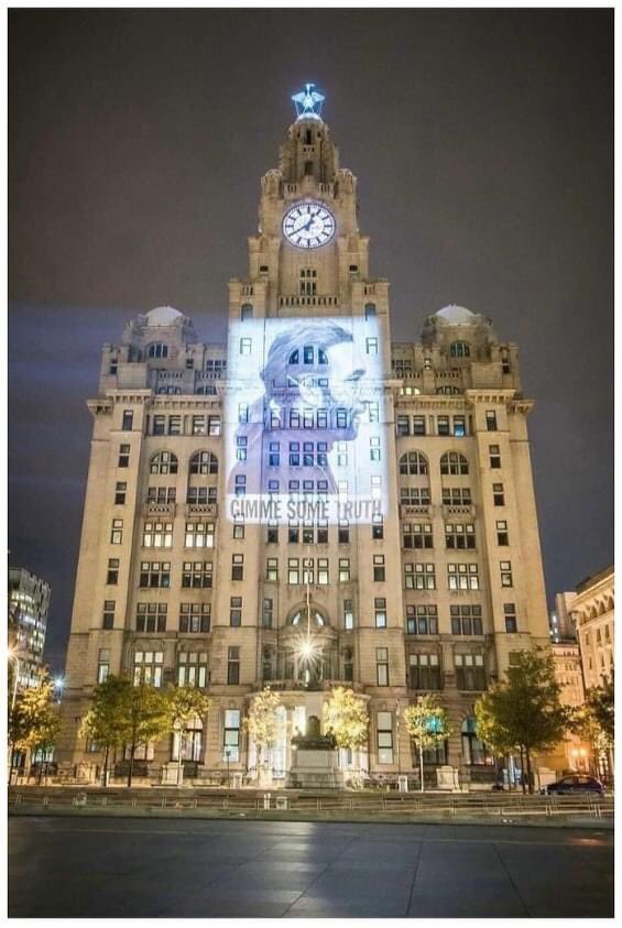 An icon on an icon! 

A fantastic image of John Lennon projected onto the Liver Building by @johnjohnsonphoto

Thanks to @RLB360  Royal Liver Building 360 Tour