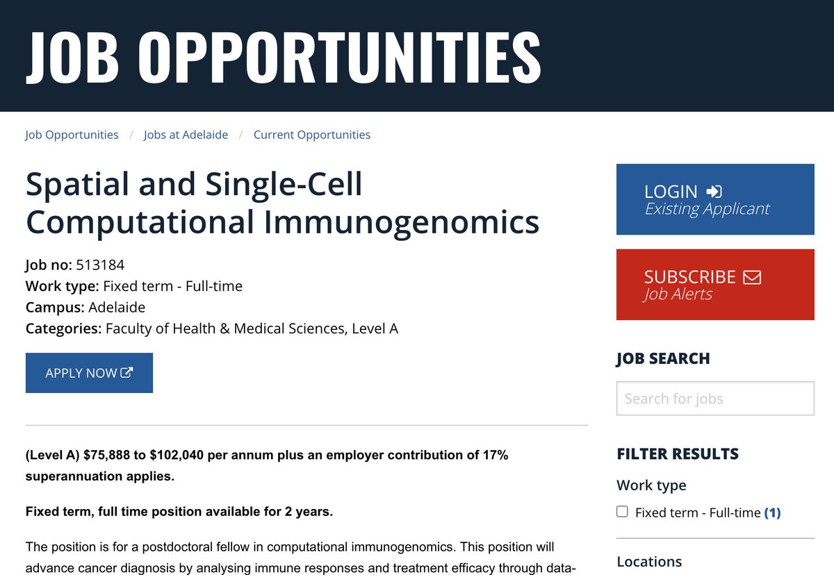 Exciting #Postdoc/#RA opportunity to advance #Spatial and #SingleCell Computational #Immunogenomics applied to cancer! @SAiGENCI

Deadline: 14th Jan 

careers.adelaide.edu.au/cw/en/job/5131…

Plz spread the word 🙏 #postdoc #postdocjobs #postdoctoral #postdocposition #researchjobs #sciencejobs