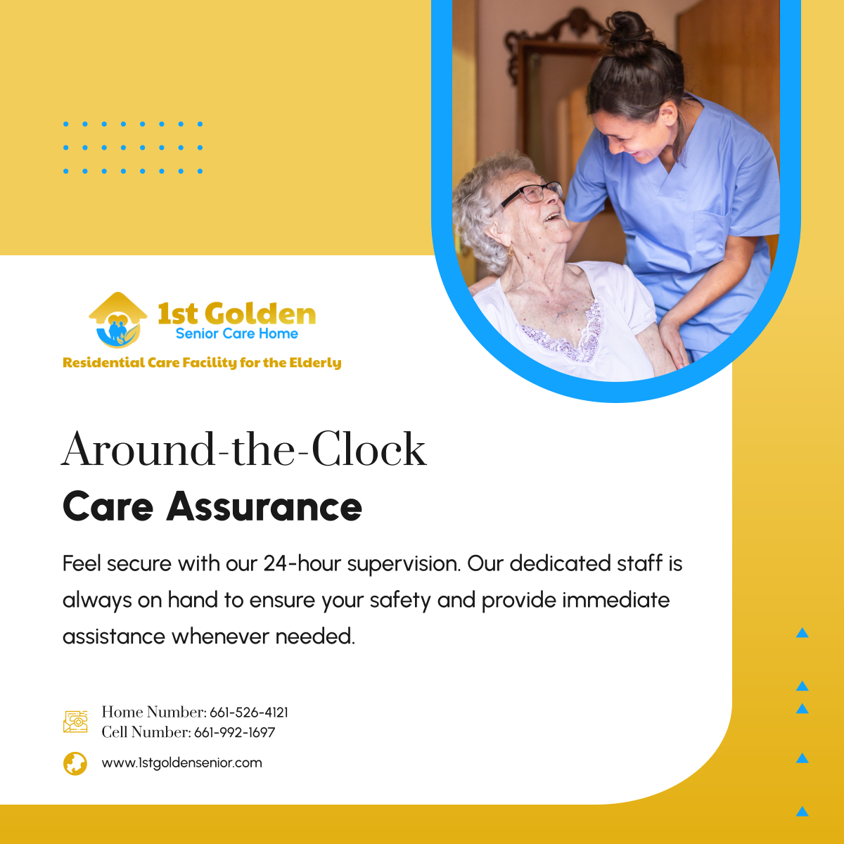 Experience continuous peace of mind with our 24-hour supervision at 1st Golden Senior Care Home. Your safety and comfort are our top priorities. Call us! 

#PalmdaleCA #AssistedLivingFacility #AssistedLivingServices #24HourSeniorCare #RoundTheClockCare #ContinuousCare