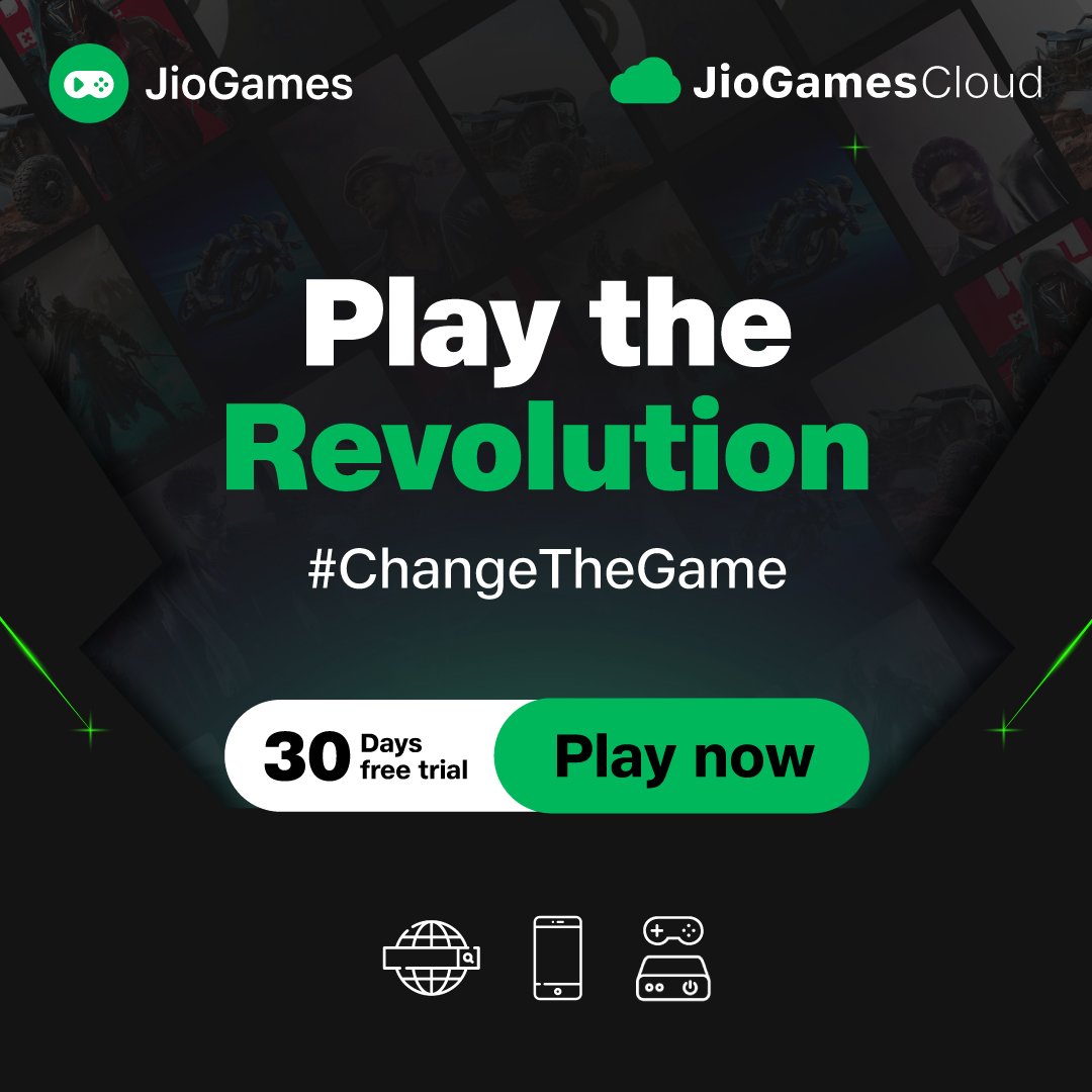 JioGames's tweet photo. The new era of gaming has arrived  💚🎮🌟 
Are you ready to #ChangeTheGame? 

Enjoy the 30 days trial of #JioGamesCloud now.
To start playing, click on the link - https://t.co/vBGkM8ZpLF

#cloudgaming #gamelovers #gamers #freetrial #entertainment #gaming #games #cloudgames https://t.co/DgwQCIadSn