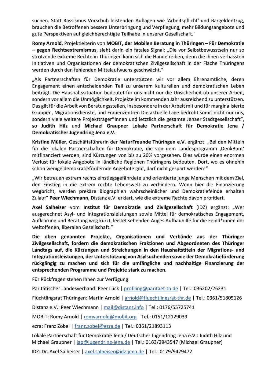 #Thüringen Landeshaushalt 2024: Mit Beginn des Wahljahres wird der Rotstift ausgerechnet bei Asyl&Integration & auch an die Demokratie-Förderung gesetzt. Mit @FLR_TH, @Mobile_Beratung, @ezra_online & vielen anderen meinen wir: Das ist Wasser auf den Mühlen der Demokratiefeinde!