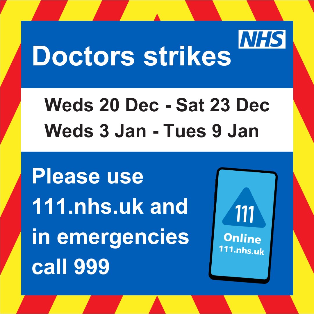 Planned strike action by junior doctors is expected to cause major disruption over the coming weeks – but the NHS is still here for people who need care.  

Please use ow.ly/zHYq50Qjhtp, and in life-threatening emergencies, call 999.  

Read more: ow.ly/INH050Qjhto