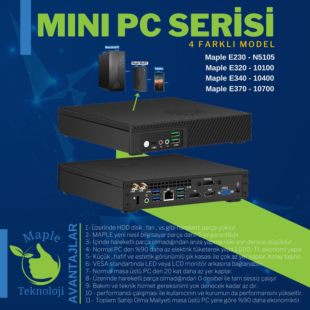 Maple MiniPC Serisi 4 farklı model ile sizlerle.

#bilgisayar #computer #inteli5 #inteli7 #laptop #maple #mapleteknoloji #microcomputer #micropc #minipc #pc #thinclient #ultraslim #intel #technology #hardware #windows #tech
#industrialpc #endüstriyelpc #smarttechnology #business