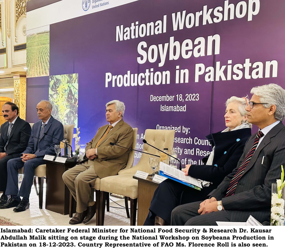 Federal Minister for National Food Security & Research Dr. Kausar Abdullah Malik addressing the National Workshop on Soybean Production in Pakistan organized by Ministry of National Food Security and Research, PARC and FAO here in Islamabad.