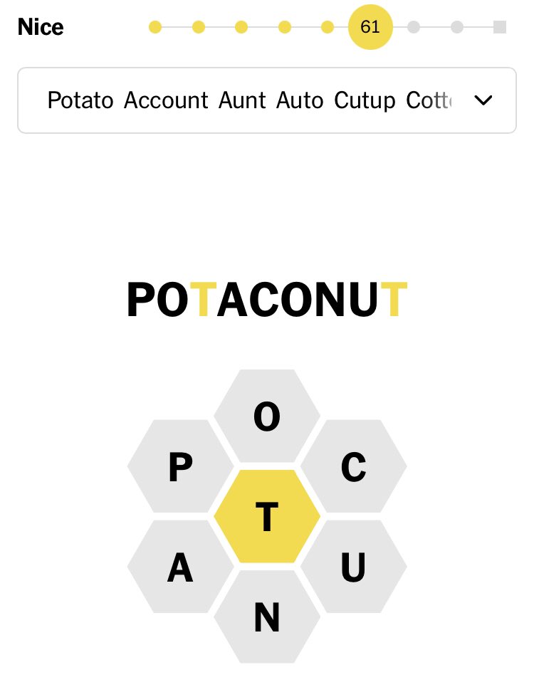 Smashing the NYT Spelling Bee game today, @hornesection 🥔🥥