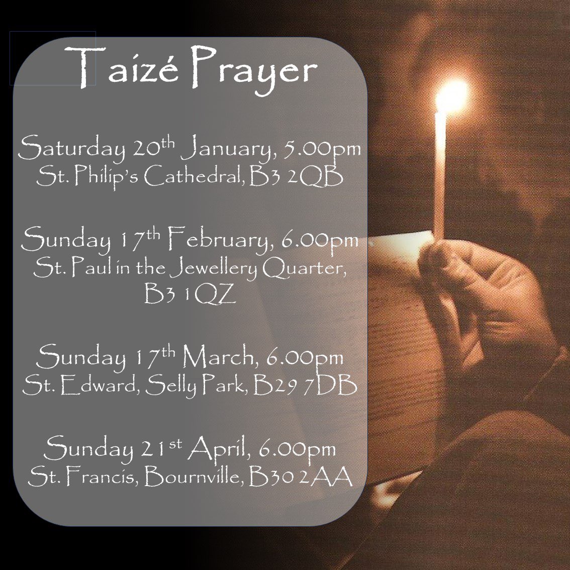 Upcoming #Taize #Prayer in #Birmingham 

Please make a note 📝

#church #pray #christian #Jesus