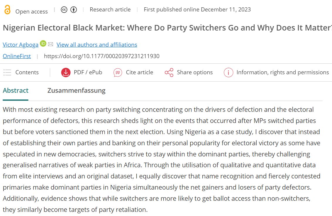 🆕@AgbogaVictor's research shows that party switchers in #Nigeria benefit by gaining ballot access even though they face party retaliation. The persistence of two main parties despite such frequent switching challenges the notion of weak parties in Africa. doi.org/10.1177/000203…