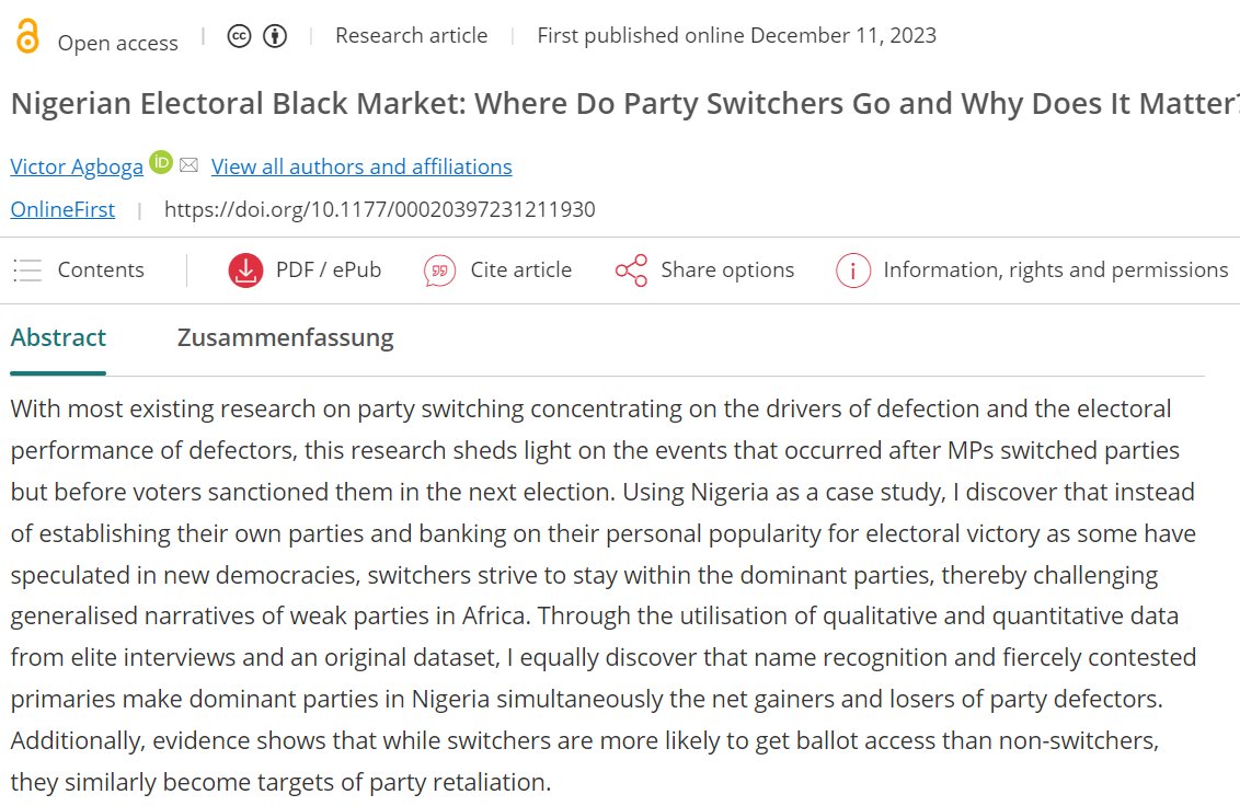 Africa Spectrum (@africaspectrum) on Twitter photo 🆕<a href="/AgbogaVictor/">Victor Agboga (PhD)</a>'s research shows that party switchers in #Nigeria benefit by gaining ballot access even though they face party retaliation. The persistence of two main parties despite such frequent switching challenges the notion of weak parties in Africa.
doi.org/10.1177/000203… 🆕<a href="/AgbogaVictor/">Victor Agboga (PhD)</a>'s research shows that party switchers in #Nigeria benefit by gaining ballot access even though they face party retaliation. The persistence of two main parties despite such frequent switching challenges the notion of weak parties in Africa.
doi.org/10.1177/000203…