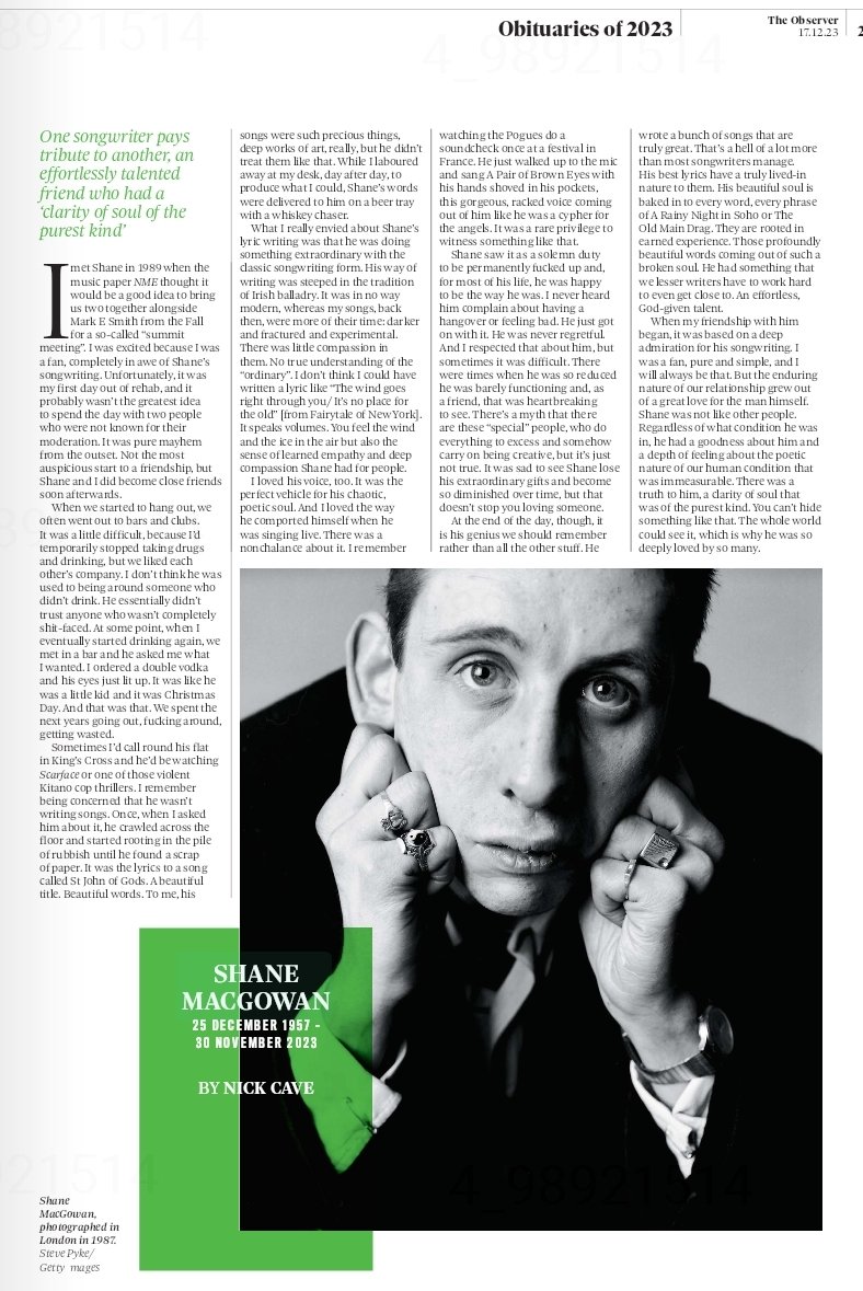 Irish Literary Times (@irishlittimes) on Twitter photo Tribute to <a href="/ShaneMacGowan/">Shane MacGowan</a> written by Nick Cave in the Observer - New Review 17 December issue. Tribute to <a href="/ShaneMacGowan/">Shane MacGowan</a> written by Nick Cave in the Observer - New Review 17 December issue.