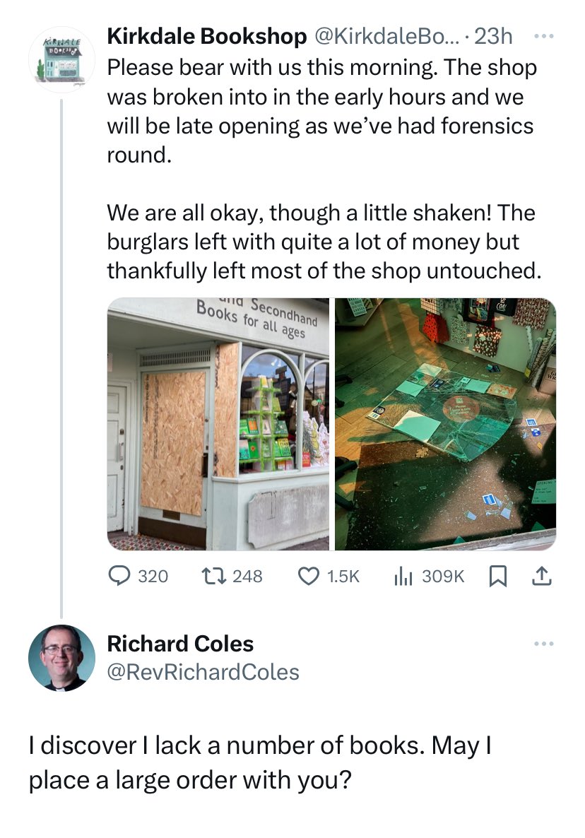 Well, this has cheered me up/brought a tear to my eye ⁦@RevRichardColes⁩ ⁦<a href="/KirkdaleBooks/">Kirkdale Bookshop</a>⁩