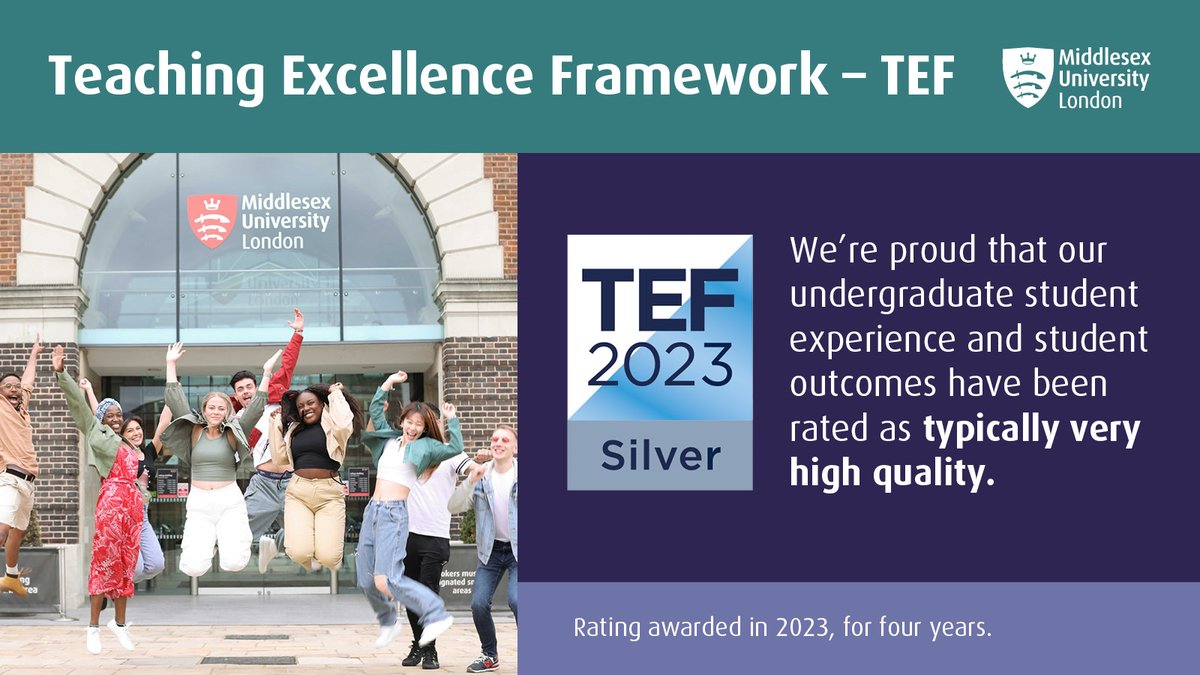 We’re proud to share that we’ve been awarded Silver in the latest Teaching Excellence Framework 🏆 The overall Silver rating means that our student experience and outcomes are typically very high quality, which reflects the collaborative approach and hard work of #TeamMDX.