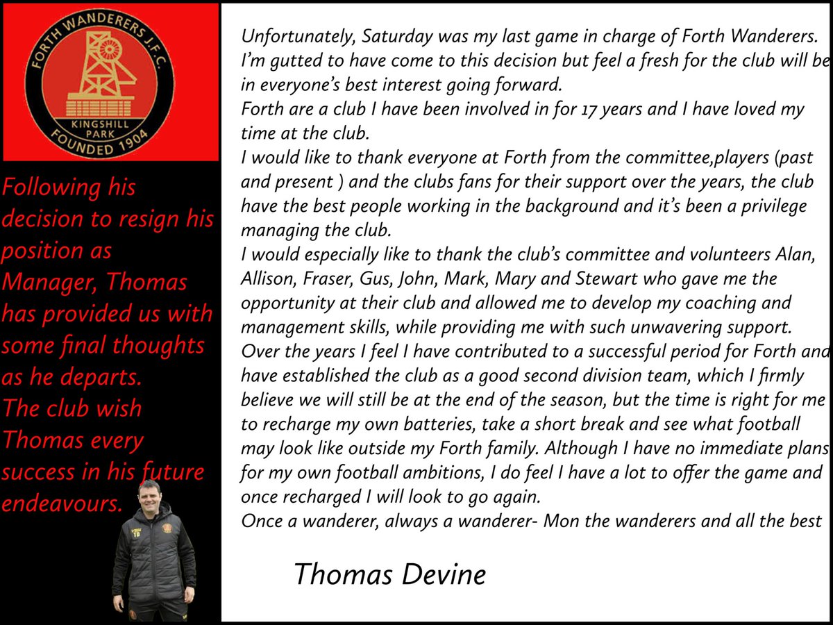 Some Final thoughts from outgoing Manager Thomas Devine…