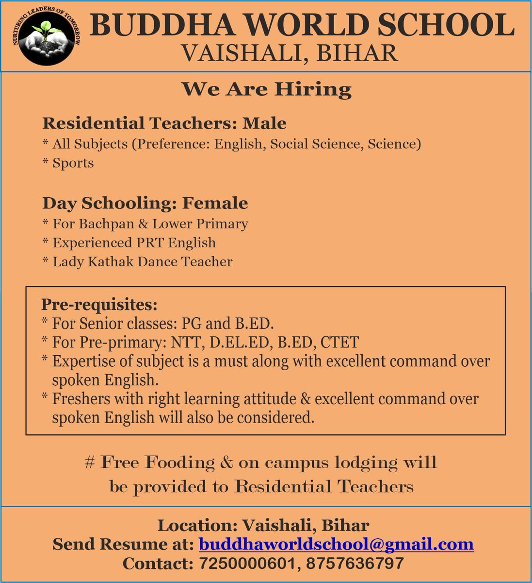 We are hiring teachers for PRT/TGT/PGT/PET at Buddha World School, Vaishali, Bihar. For more details: 📞 7250000601, 8757636797, Drop your resume: buddhaworldschool@gmail.com Website: wwwbuddhaworldschool.com #HiringNow #TEACHers #school #hiring @sarikamalhotra2 @Krish_Vaishali