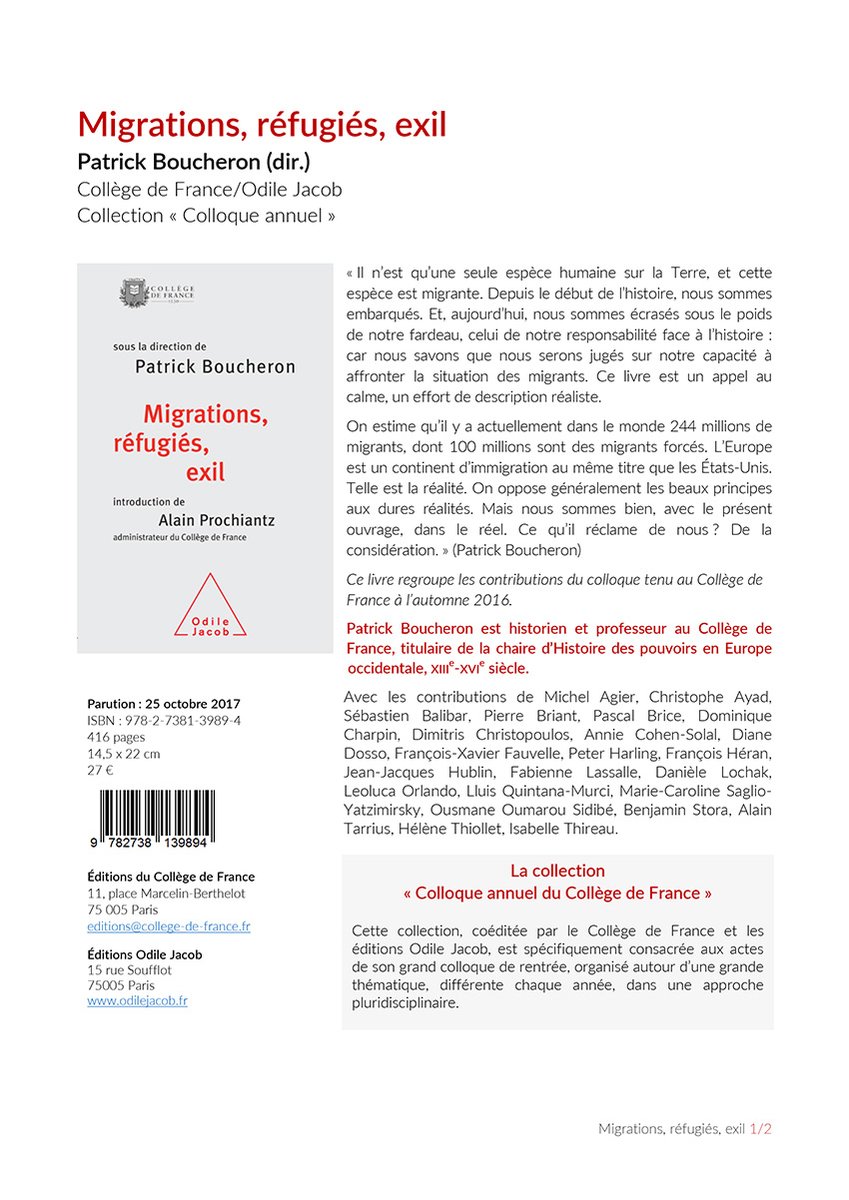 [#JournéeMondiale] Une #IdéeLecture en cette journée mondiale des #migrants : “#Migrations, #réfugiés, #exil”, actes du colloque de rentrée 2016 au @cdf1530, coédition @EditionsCdF @OdileJacob, 2017 college-de-france.fr/sites/default/…