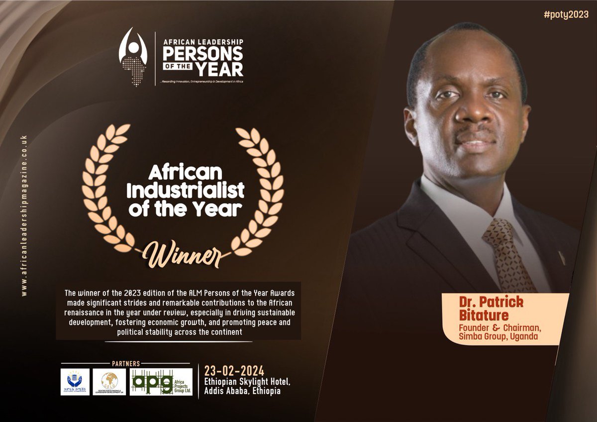 African Leadership Magazine (@africanlm) on Twitter photo <a href="/AfricanLM/">African Leadership Magazine</a> announces winners of the African Persons of the Year Awards 2023.
Congratulations Dr. Patrick Batiture, Founder and Chairman <a href="/TheSimbaGroup/">The Simba Group</a> on your emergence as African industrialist of the Year. Presentation billed for 23 Feb. 2024 in Addis Ababa.
Click here: <a href="/AfricanLM/">African Leadership Magazine</a> announces winners of the African Persons of the Year Awards 2023.
Congratulations Dr. Patrick Batiture, Founder and Chairman <a href="/TheSimbaGroup/">The Simba Group</a> on your emergence as African industrialist of the Year. Presentation billed for 23 Feb. 2024 in Addis Ababa.
Click here: