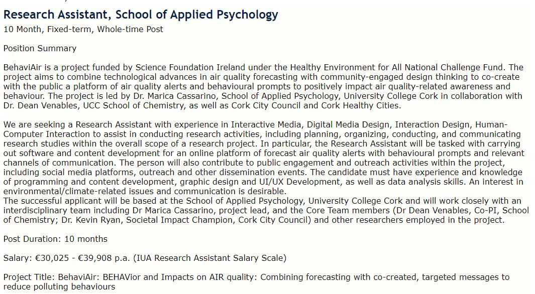 🚨#JobFairy🚨

Seeking a Research Assistant w/ experience in #Software & #ContentDevelopment to join our @BehaviAir team in #Cork

This is a community-engaged project aimed at enhancing communication of #AirPollution risks & solutions 

Apply by 11/01/24: my.corehr.com/pls/uccrecruit…