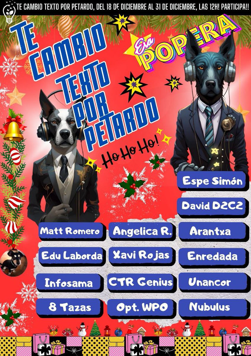 Arranca Te Cambio Texto por Petardo, Tercera Edición 😼🎄

"Estás Navidades, No Seas (uses) un Petardo"

Haz RT y Gana estos Premios! (sólo RT 😎)

CÓDIGOS DESCUENTO, ACTIVOS TODO EL EVENTO:
<a href="/Unancorcom/">Unancor</a> 10% Saldo Extra "UnancorPop"
<a href="/Nubulusws/">Nubulus Web Services</a>  50% Descto. en 3D "NubulusPop"