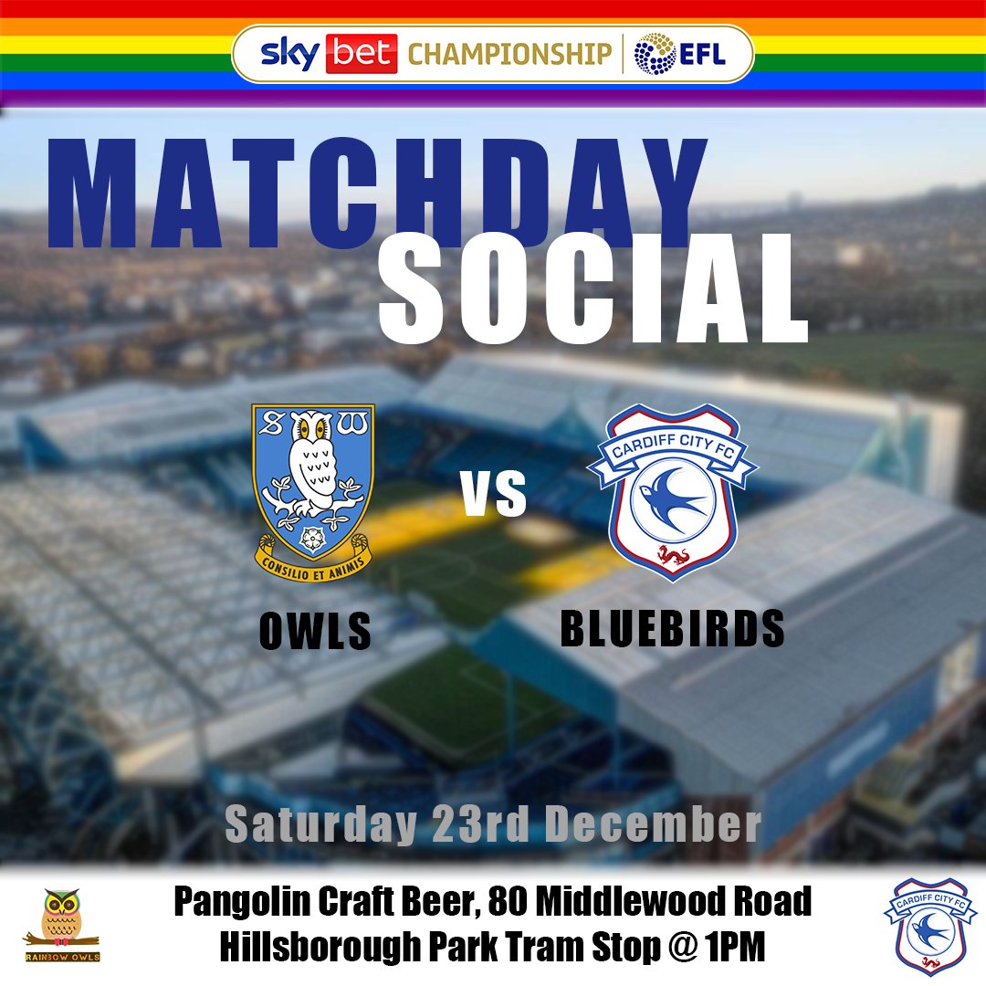 Our final matchday social of 2023 is on Saturday!  🎉

⏰  From 1pm 
🍻  Held at Pangolin Craft Beer (right next to Hillsborough Park tram stop)
🙌  #swfc allies and <a href="/proudbluebirds/">proud bluebirds</a> members are all welcome

Thanks as always to <a href="/jcbhntn/">Jacob 🦉</a> for the fab graphic!  🙏