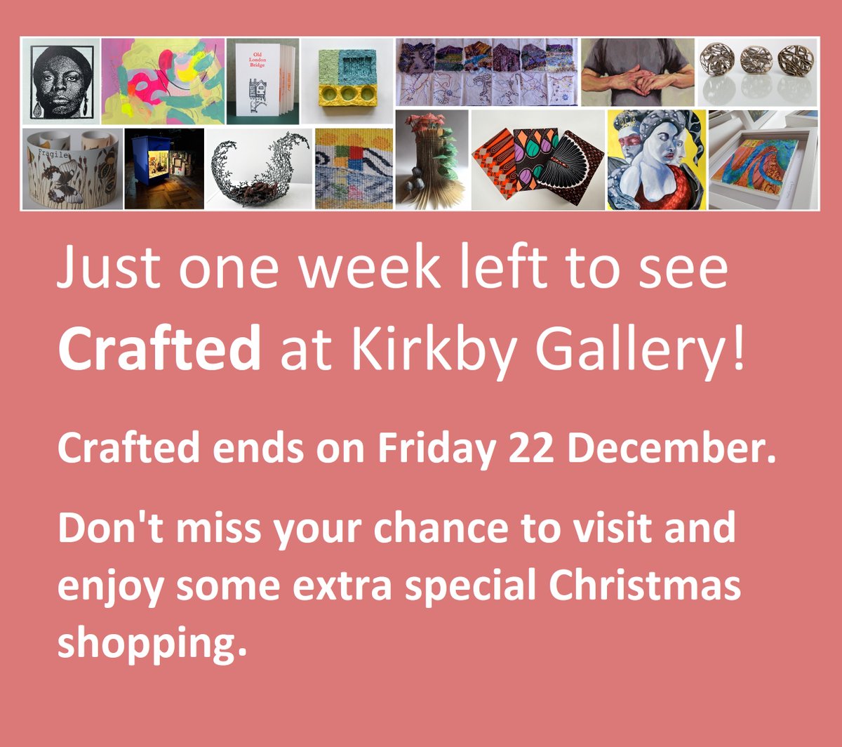 Last chance to see the wonderful 'Crafted' Exhibition at Kirkby Gallery. We have a range of unique, handmade gifts and Christmas cards available to purchase. 'Crafted' will close at 4pm Friday 22nd December. #cultureknowsley #knowsleycouncil #crafts #Christmasgifts