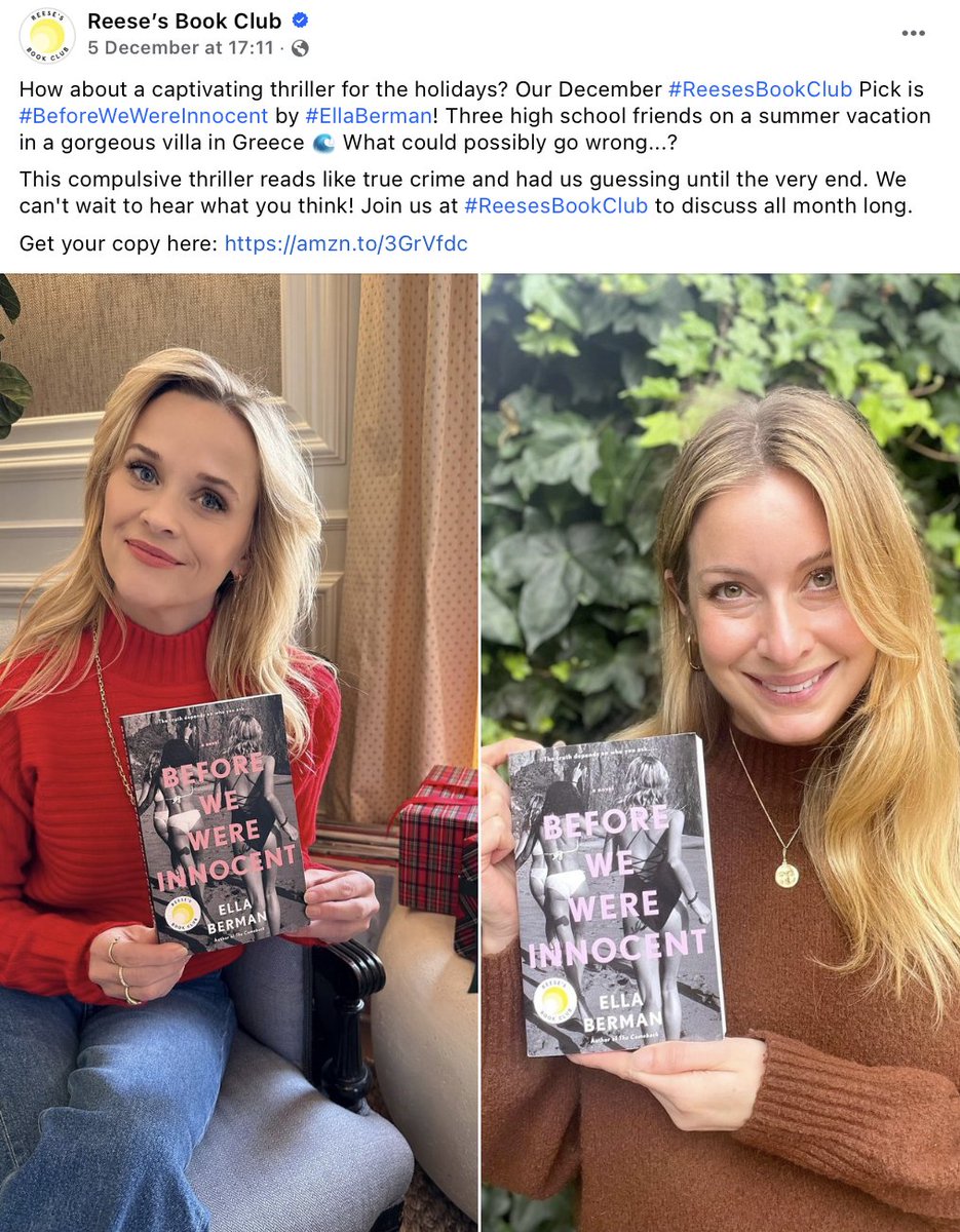 Thrilled to hear that @ellabee 's #BeforeWeWereInnocent is @ReesesBookClub pick for December! @HoZ_Books 

We read this twisty novel in the summer and loved it! 

#thriller #thrillers #bookclub #hellosunshine #reesesbookclub #goodbooks #bookrecs