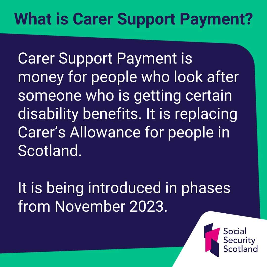 From Spring 2024, people in more areas will be able to apply for the Carer Support Payment, which will be available across Scotland in Autumn 2024. You don’t need to apply if you already get Carer's Allowance as your award will transfer automatically. mygov.scot/carer-support-…