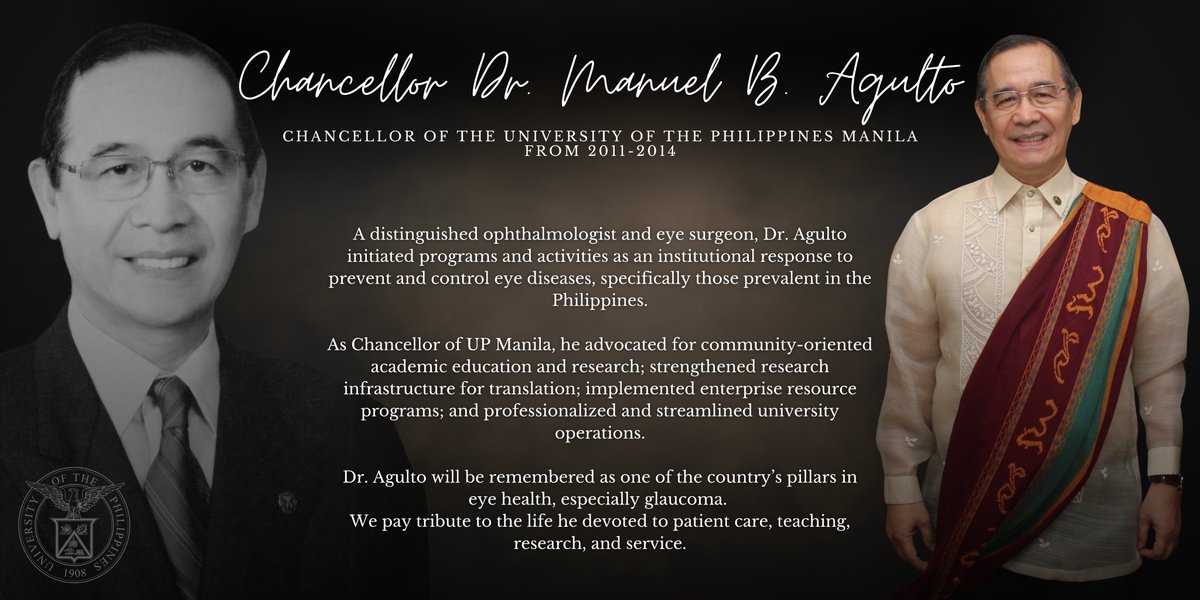 It is with our deepest sorrow to share the news that former Chancellor Dr. Manuel B. Agulto passed away today, 18 December 2023.

The UP Manila community extends our heartfelt condolences to his family and friends.
