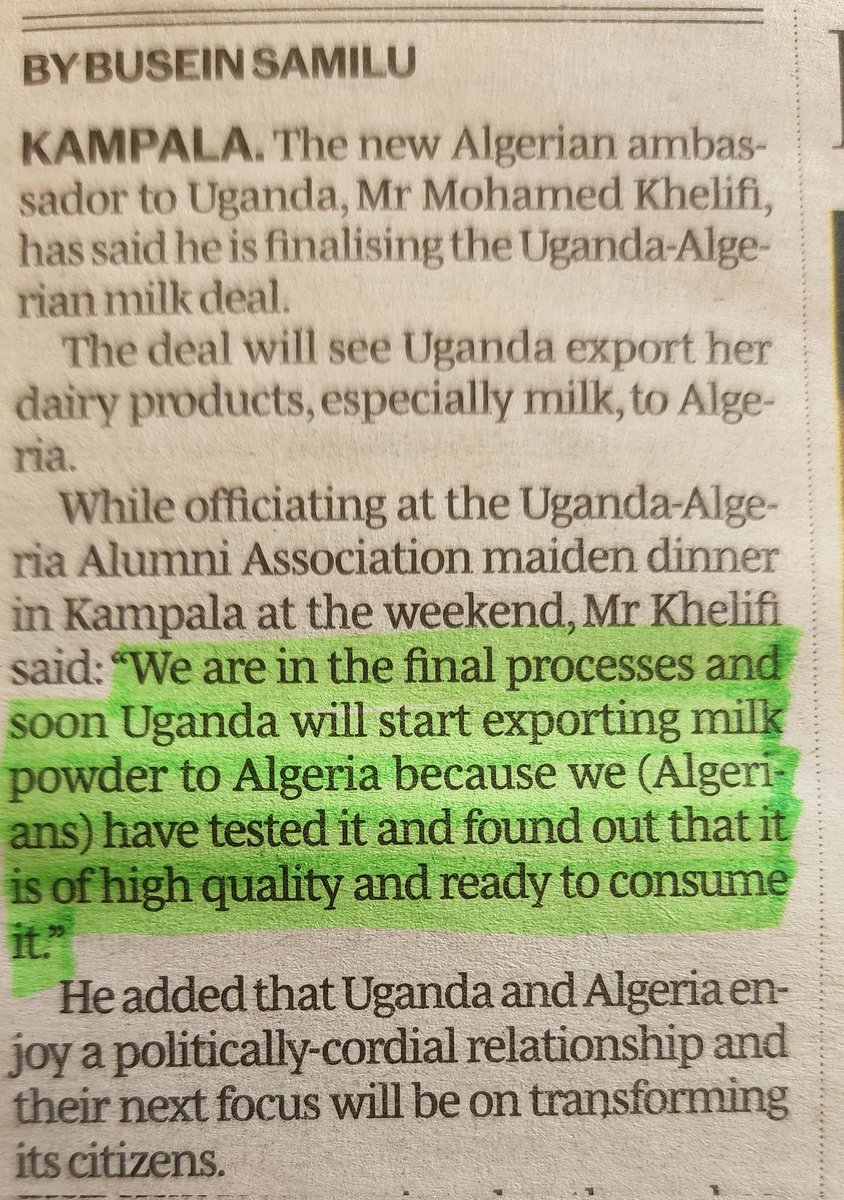 ICYMI Good news from new Algerian Amb to Uganda...the plan to import our milk is in high gear. Kudos to all those who work hard to ensure our milk is of the highest quality. @MpiiraSamson @DrRwamiramaBK @GcicAgriculture @MAAIF_Uganda @KagutaMuseveni