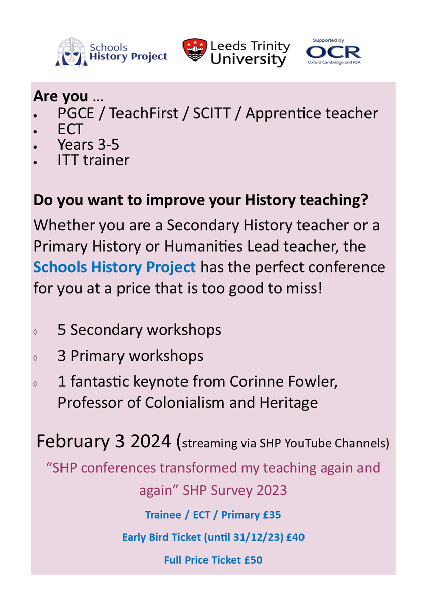 The Schools History Project New Teachers' Conference February 3rd: Programme details and booking link here schoolshistoryproject.co.uk/conferences/