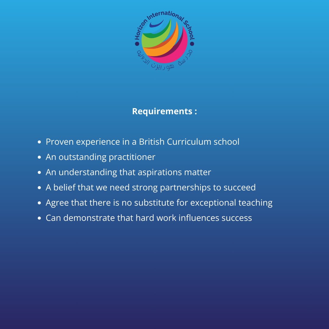 Horizon International School (@hisdubai) on Twitter photo Due to unforeseen circumstances, Horizon International School is seeking an experienced Key Stage 1 teacher for a January 2024 start.
If you are interested in joining our team, please send your CV to :
📧 hr@hisdubai.ae
#EveryoneCounts #EveryoneContributes #EveryoneSucceeds Due to unforeseen circumstances, Horizon International School is seeking an experienced Key Stage 1 teacher for a January 2024 start.
If you are interested in joining our team, please send your CV to :
📧 hr@hisdubai.ae
#EveryoneCounts #EveryoneContributes #EveryoneSucceeds