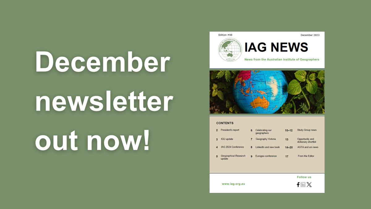 The December IAG News is out now! 

It's chock-a-block with information for Australia's geography community. 

The newsletter is one of many IAG membership benefits. 

Find out more: zurl.co/fnmJ

#Geography #GeographyAustralia