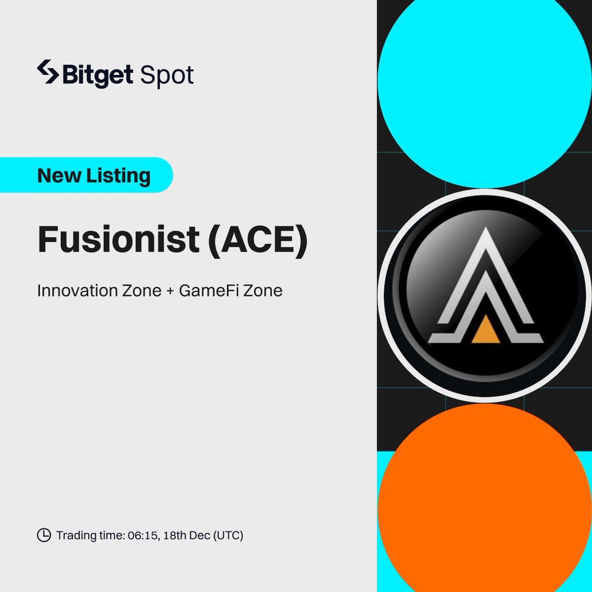 Spot Listing- Fusionist (ACE)

Deposit time: Opened
Trading time: 18th December,  6.15 AM (UTC)
Withdrawal time: 19th December, 11 AM (UTC)

Bitget to list Fusionist (ACE) in the Innovation Zone and GameFi Zone
bitget.com/support/articl…